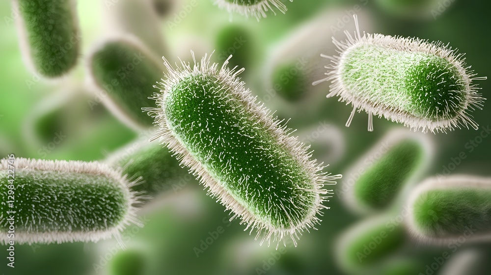 Poster Captivating 3D close up visualization of green bacterial colonies in fluid motion featuring elongated cell bodies with visible cilia and natural surface textures