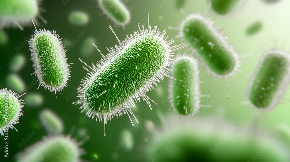 Poster depiction of rapidly moving green bacteria each cell detailed with surface textures and flagella floating in a microscopic biological setting  The bacterial structures emit a soft green glow