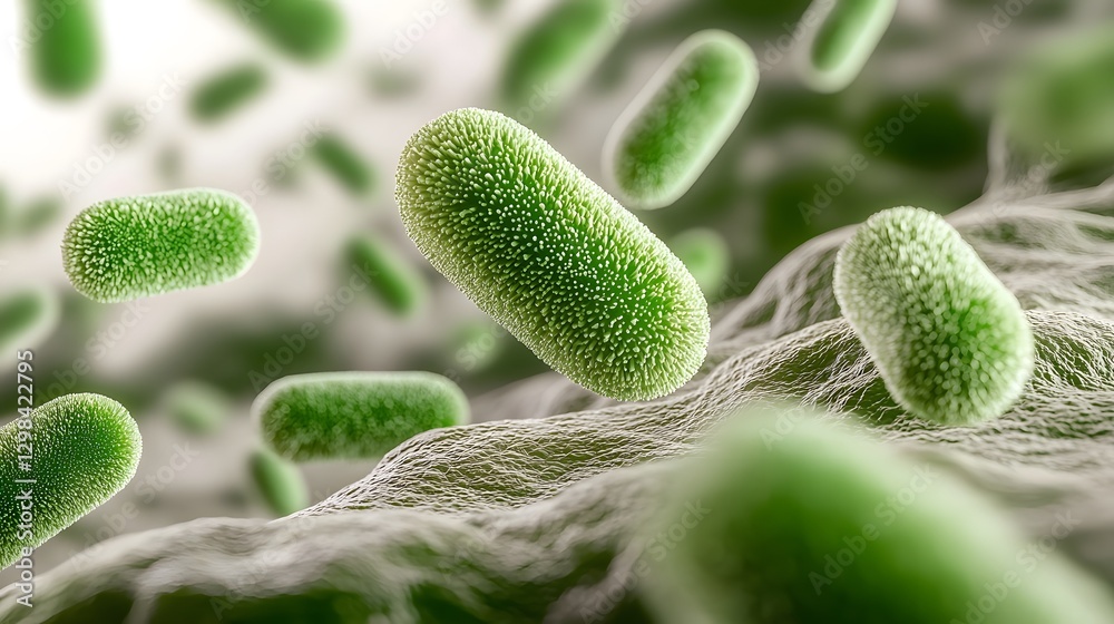 Poster and detailed depiction of rapidly moving green bacteria cells each with intricate surface textures and flagella floating in a microscopic biological environment