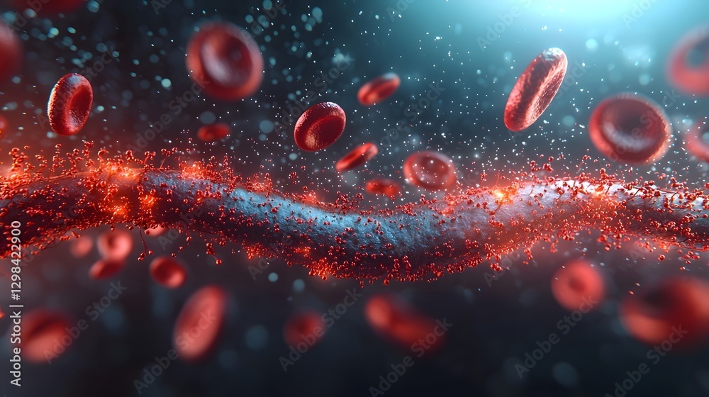Aufkleber Mesmerizing 3D visualization showcasing the smooth biconcave motions of red blood cells flowing through a blood vessel with soft diffused lighting creating a depth of field effect for a scene