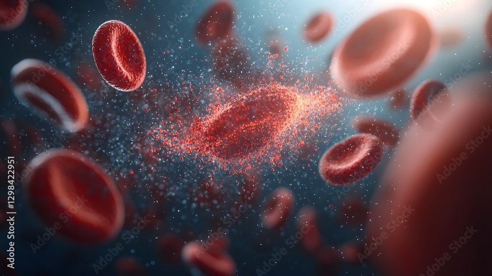Fototapete Microscopic 3D rendering showcasing the dynamic movement and flexible membrane structure of red blood cells as they flow through the circulatory system