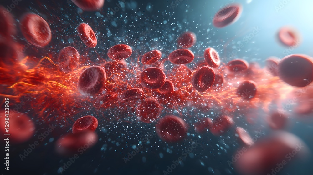 Poster scientific showcasing the dynamic motion and natural flow of red blood cells rapidly moving through 