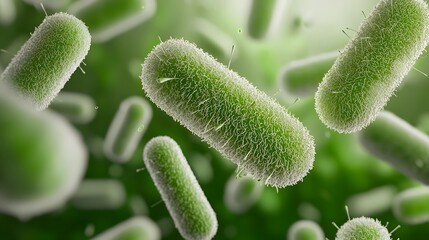 Highly detailed 3D macro shot of luminescent green rod shaped bacteria dynamically floating in a fluid space  The microorganisms have a slightly glowing green hue