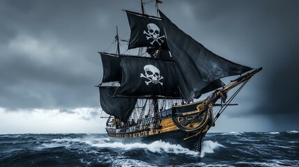 A majestic pirate ship sailing through stormy seas under a dark sky.