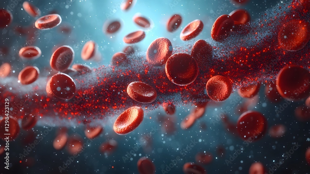 Poster vibrant 3d rendering showcasing the fluid organic motion of red blood cells as they drift through a 