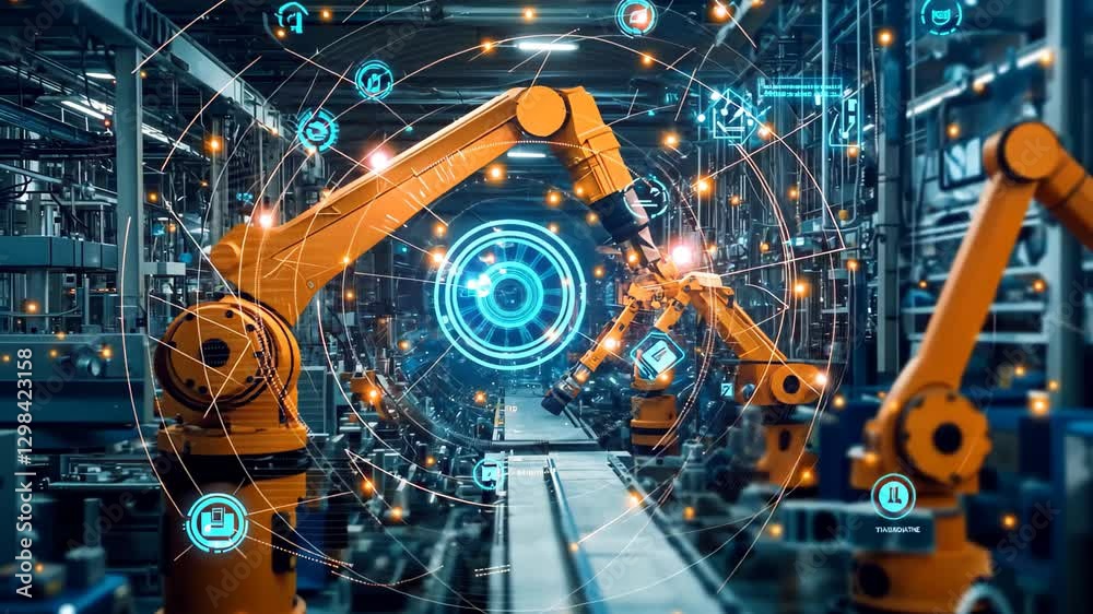 Poster automation robot arms collaborate in an intelligent factory for enhanced production efficiency, auto
