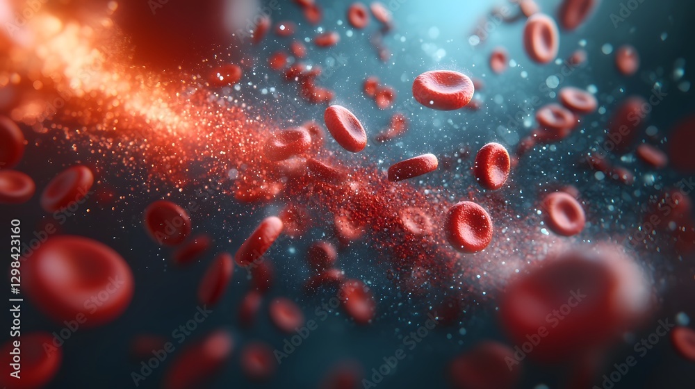 Poster Mesmerizing 3D close up rendering of red blood cells drifting and flowing organically through a soft contrasting plasma background with gentle light reflections