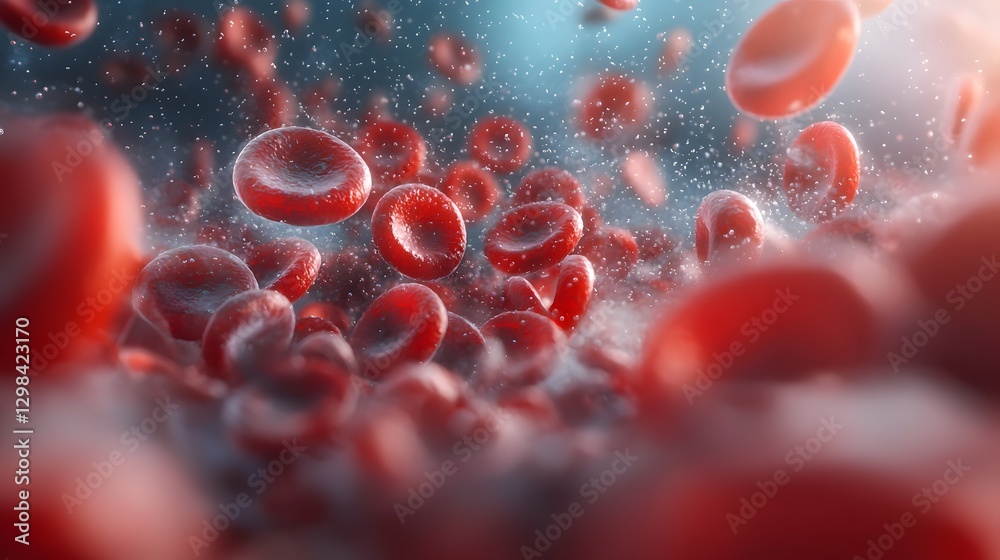 Poster Captivating 3D close up rendering showcasing the dynamic and fluid motion of red blood cells drifting through a bloodstream  The deep crimson tones of the cells contrast elegantly against the soft
