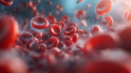 Captivating 3D close up rendering showcasing the dynamic and fluid motion of red blood cells drifting through a bloodstream  The deep crimson tones of the cells contrast elegantly against the soft