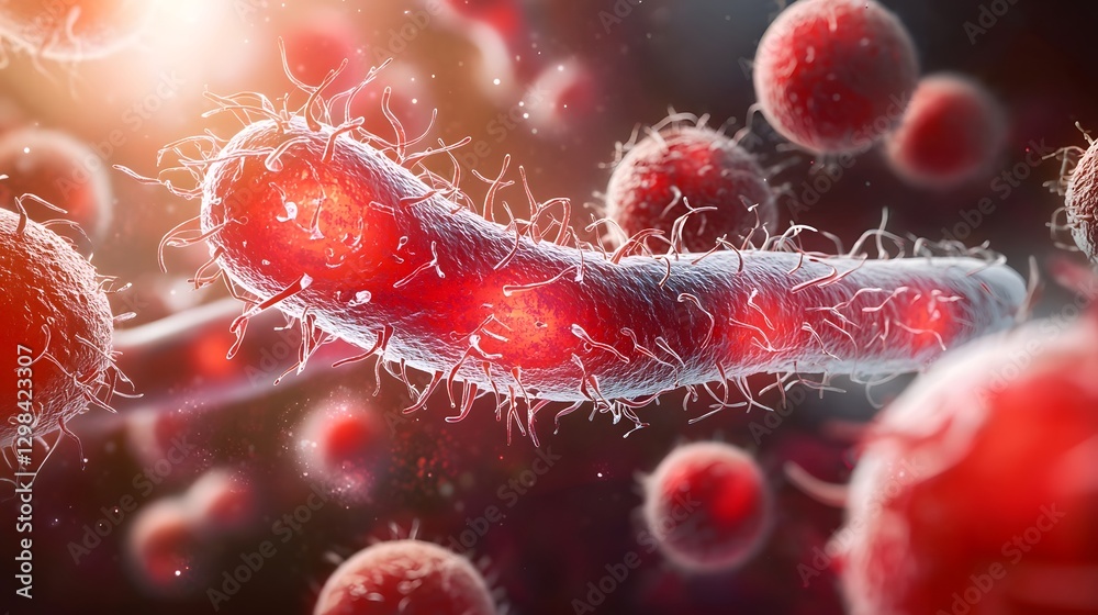 Aufkleber depiction of multicolored bacteria and red cells floating in a liquid biological environment highlig