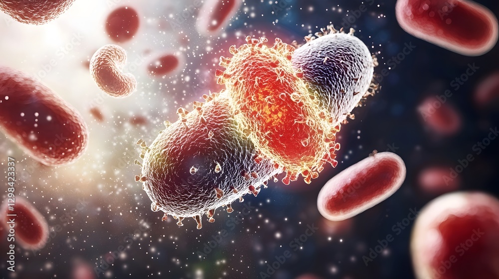 Poster captivating microscopic visualization of vibrant bacterial interactions with floating red cells in d