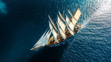 A majestic sailboat gliding across the deep blue ocean under full sails.