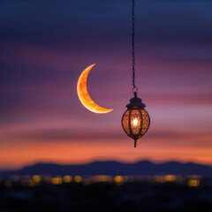 Obraz premium ramadan crescent moon and lantern at sunset