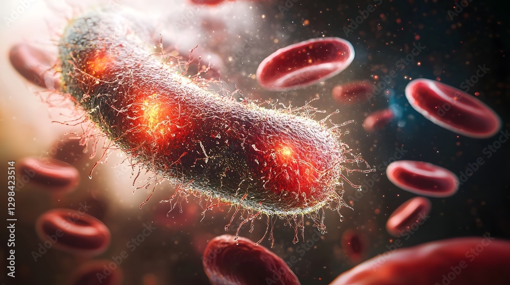 Poster close up rendering of a microscopic ecosystem where glowing colorful bacteria interact with gently d