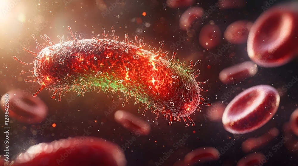 Poster Captivating close up rendering of a microscopic ecosystem where vibrant glowing bacteria interact with gently drifting red blood cells  The bacterial surfaces are covered in fine intricate details