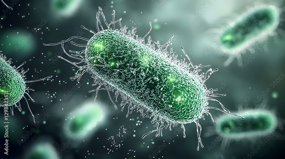 Aufkleber Highly detailed 3D rendering of rod shaped bacteria floating in a green tinted fluid featuring their intricate organic structures and delicate surface filaments