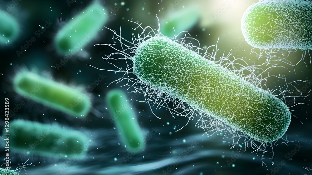 Poster Highly detailed 3D rendering showcasing the intricate rod shaped structures and delicate surface filaments of bacteria floating in a green tinted fluid