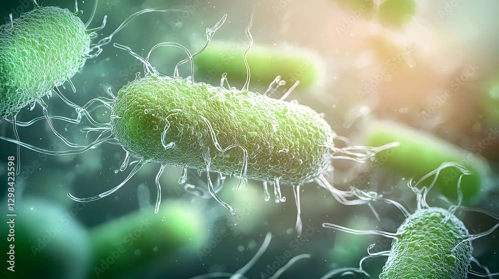 Poster highly detailed 3d rendering of rod shaped bacteria floating in a green tinted fluid featuring their