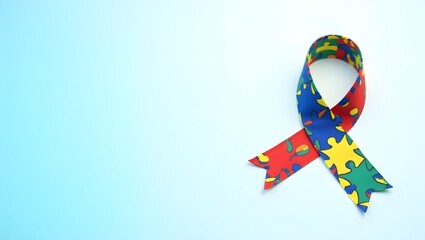 Neatly Looped Ribbon with Colorful Puzzle Pattern Symbolizing Autism Awareness on a Gradient Background