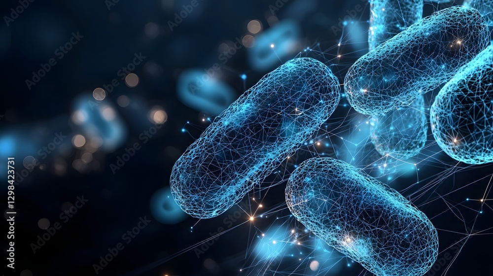 Poster 3D rendering of intricate polygonal wireframe bacterial cells forming a glowing neon lit network against a dark gradient backdrop