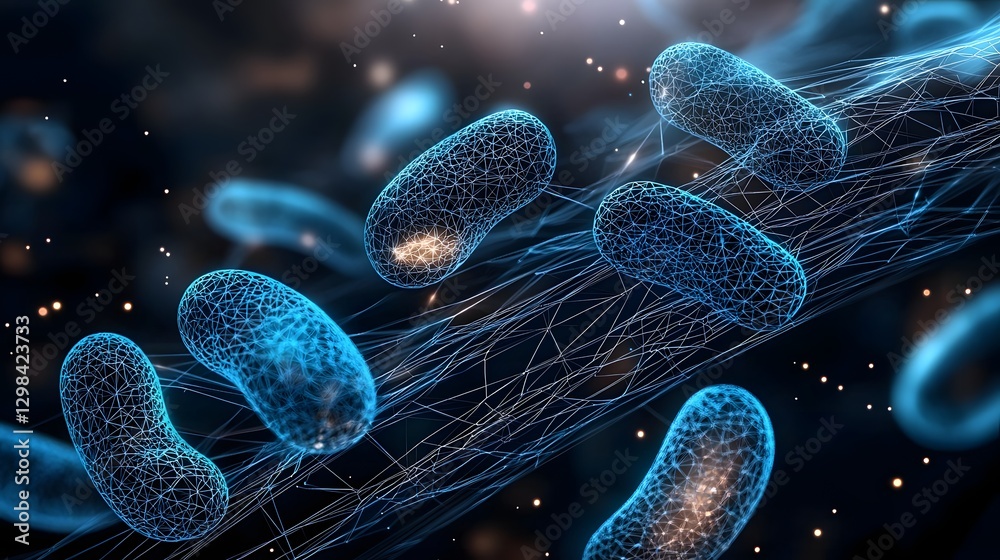 Fototapete Futuristic 3D wireframe visualization of microbiological organisms constructed from fine interconnected geometric lines and glowing mesh patterns