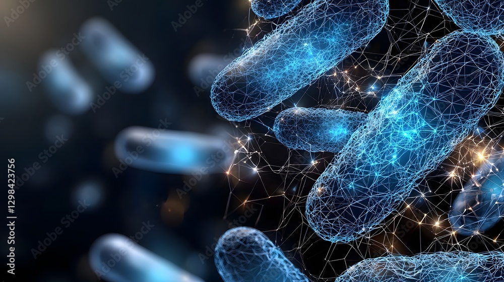 Poster Glowing Microbial Network A Futuristic 3D Mesh Rendering of Intricate Bacterial Cells Forming a Captivating Polygonal Wireframe Structure with Subtle Neon Highlights and a Dark Gradient Backdrop
