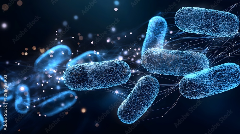 Fototapete Detailed polygonal wireframe depiction of microscopic bacteria displayed in a sleek futuristic sci fi inspired environment with a holographic glow creating a digital abstract and conceptual visual