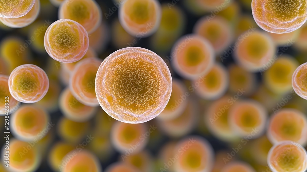 Poster Vibrant 3D visualization highlighting the microscopic details and intricate surface textures of Staphylococcus aureus bacteria clusters floating in a soft