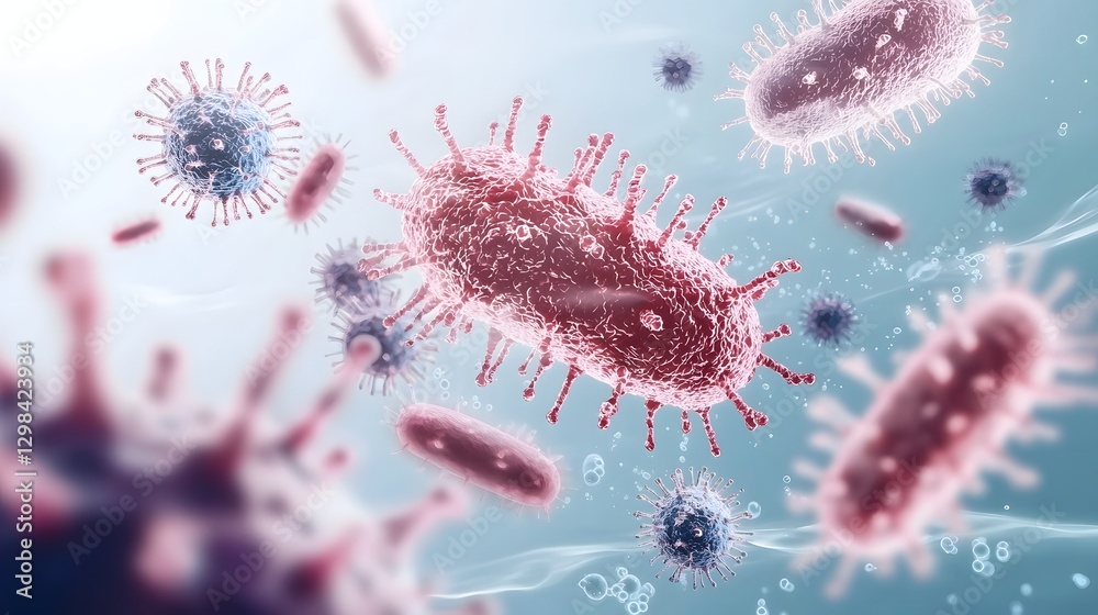 Poster 3D visualization showcasing the unique shapes sizes and structural details of various bacteria and viruses floating in a fluid environment illuminated with soft