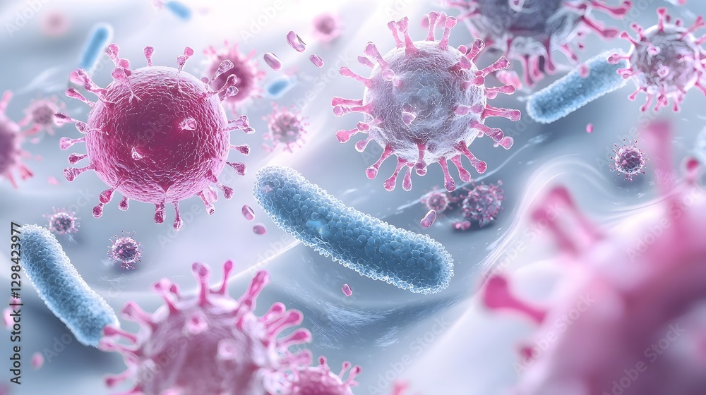 Poster ultra detailed scientific rendering of multiple bacterial and viral species depicting their contrast