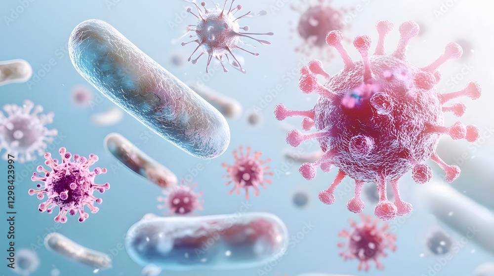 Poster 3d depiction of a captivating microbiological landscape with intricate bacterial and viral entities 