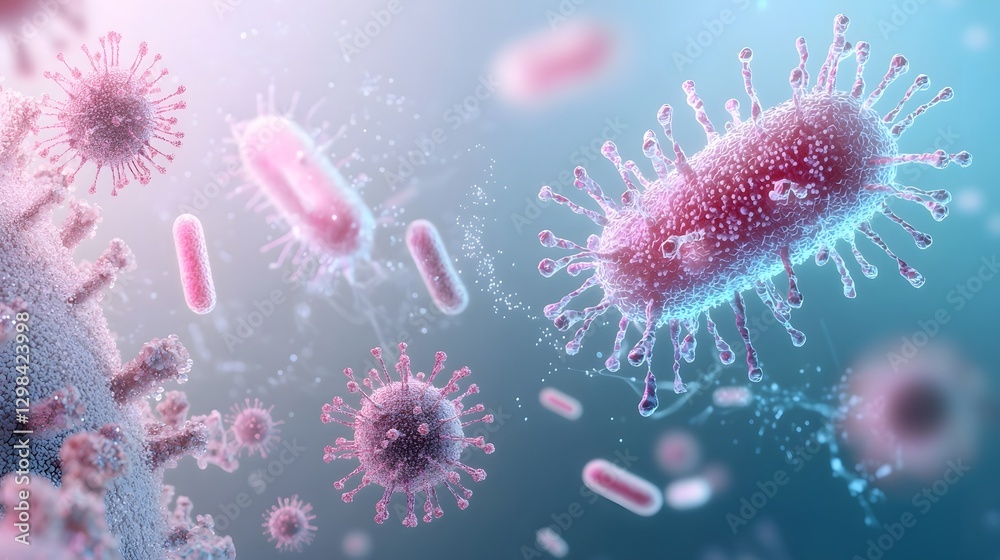 Aufkleber Captivating 3D Depiction of a Microbiological World Featuring an Array of Bioluminescent Bacteria and Viruses Suspended in a Translucent Medium with Scientific Accuracy