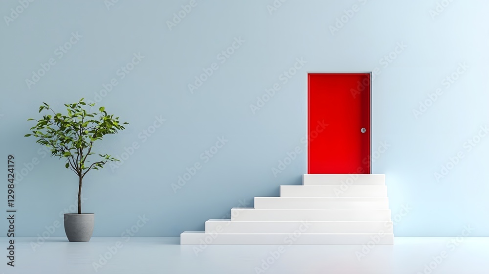 Poster minimalist 3d staircase design with clean white steps leading upward a bold red step highlighting pr