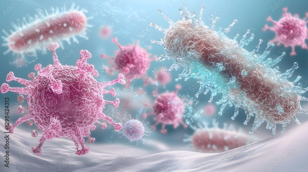 Aufkleber futuristic high magnification digital artwork depicting the coexistence of bacteria and viruses in a