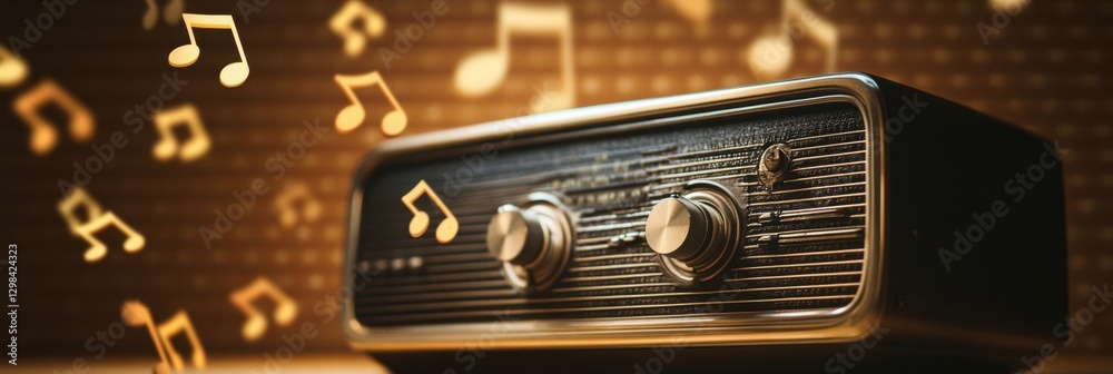 Leinwandbilder vintage radio playing music with notes floating around in a warm, nostalgic setting. generative ai
