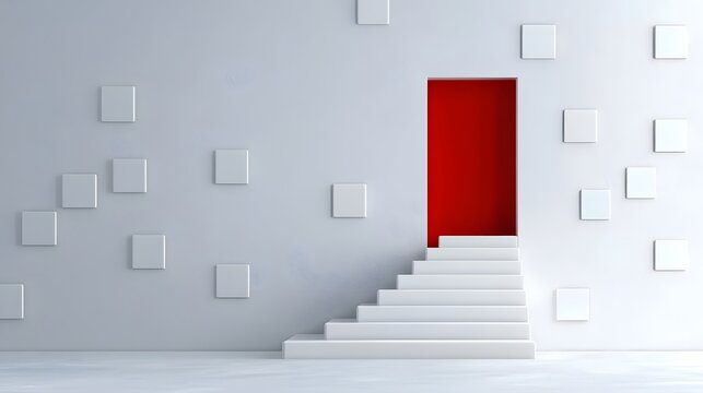 Futuristic white stairs set in a sleek 3D environment featuring a striking red step that represents a significant milestone in success leadership or personal growth