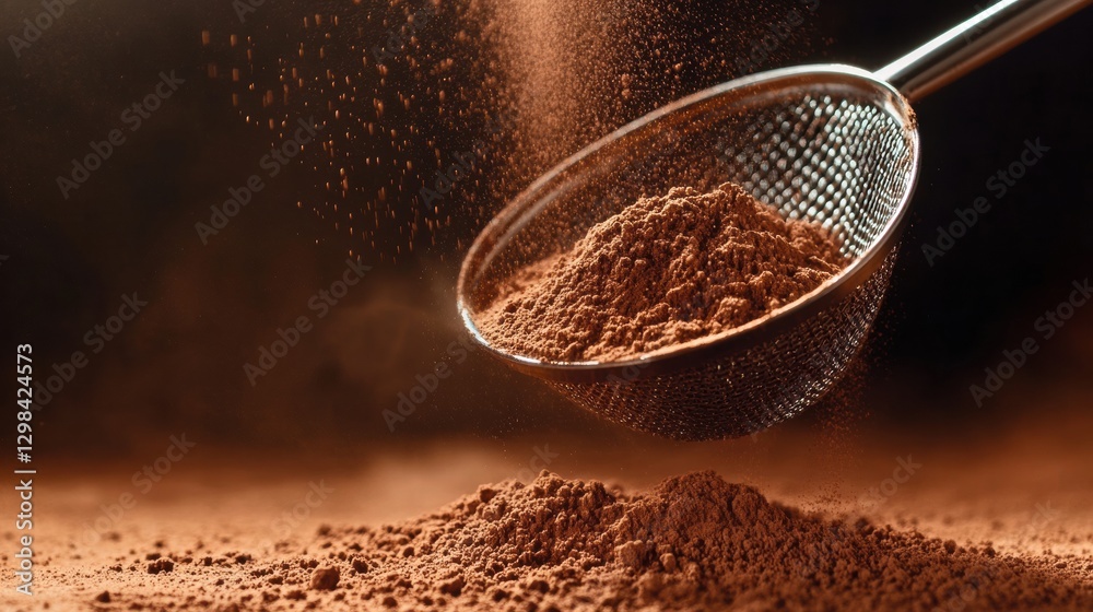 Poster Sifting cocoa powder through a fine mesh strainer in a kitchen setting. Generative AI