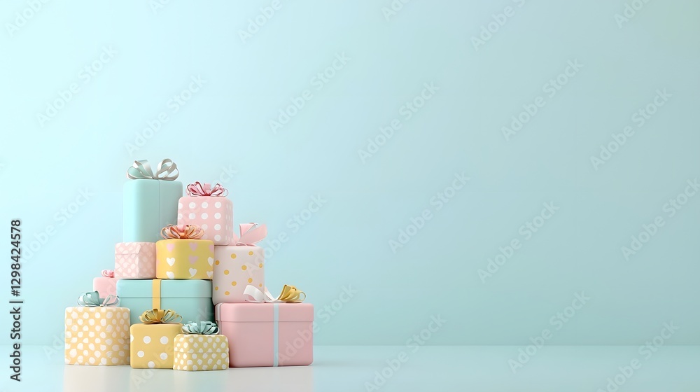 Poster 3d render of a stack of elegantly wrapped gift boxes placed on a soft pastel background illuminated 