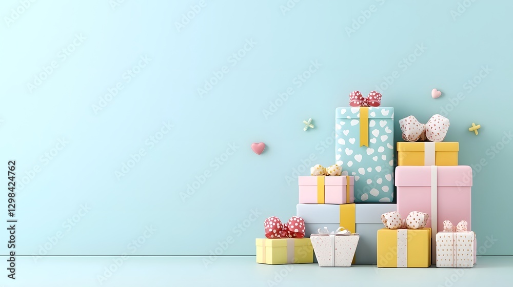 Poster Charming stack of festive gift boxes with fine textures and ribbons placed in a pastel colored environment captured with a high end photography inspired 3D render