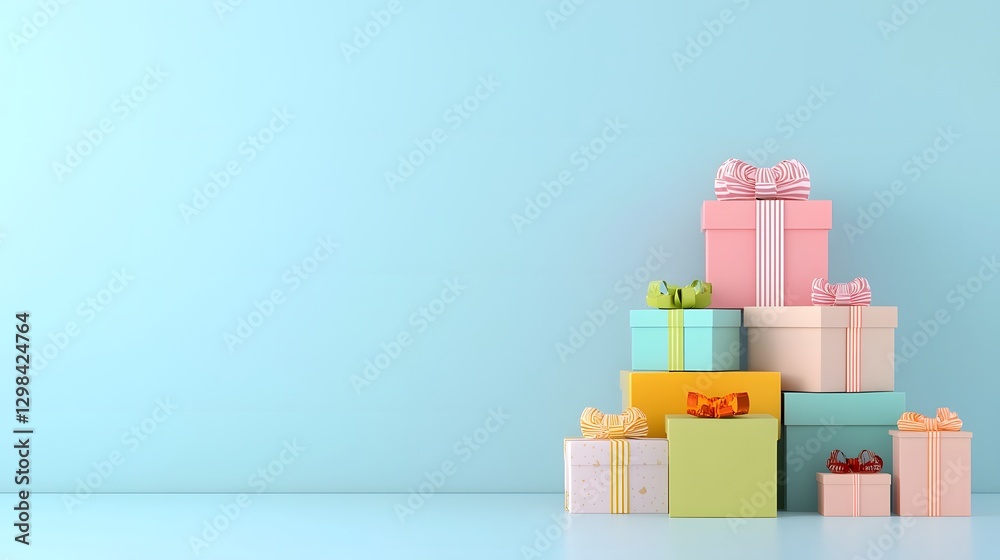 Poster Charming stack of festive gift boxes with fine textures and ribbons placed in a pastel colored environment captured with a high end photography inspired 3D render