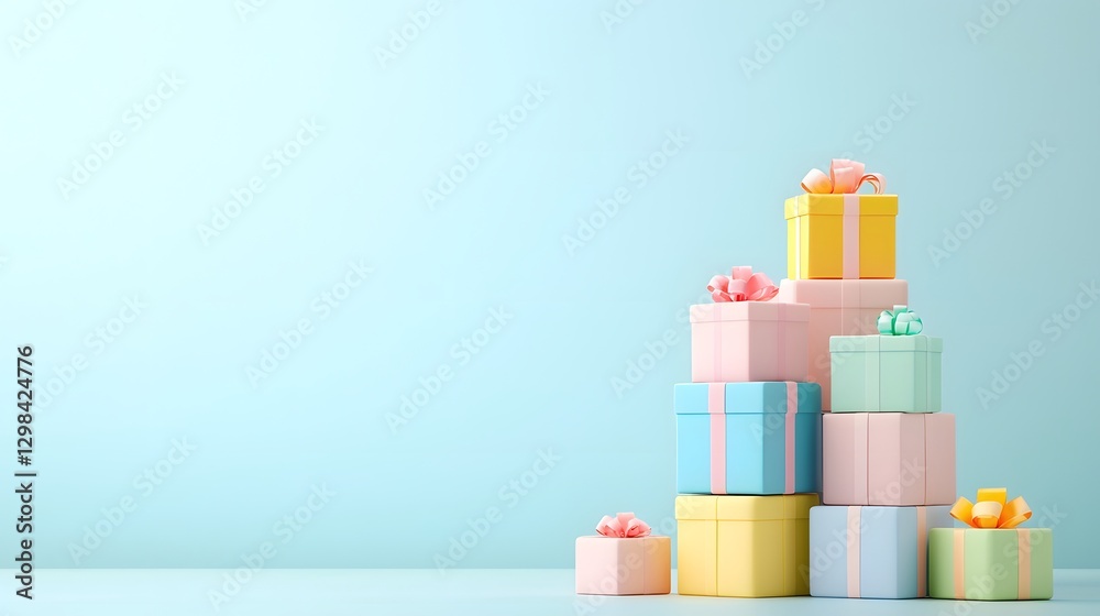 Poster perfectly balanced stack of gift boxes with exquisite ribbon details set on a soft pastel background