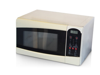Fototapeta premium front view old white microwave oven placed on isolated background, technology, object, ferniture, copy space
