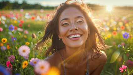 Bellissima ragazza che esprime gioia e felicità in un prato pieno di fiori colorati 