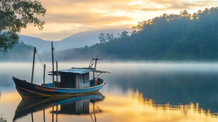 Obraz premium A serene landscape featuring a boat on a calm lake at sunrise surrounded by mountains.