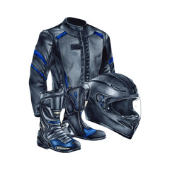Motorcyclist helmet, moto boots and jacket. Protective moto gear for biker. Watercolor illustration isolated from the background. Motorcycle clothing store, online shop web design, advertising banner © Yulia Kapura