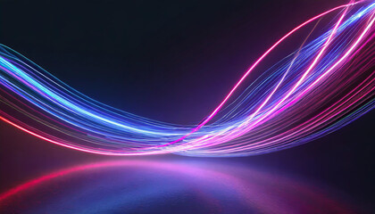 Naklejka premium Neon pink blue purple red color glowing lines background, glowing wave swirl, impulse cable lines, high-speed light trails effect. Futuristic dynamic motion technology.