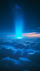 Naklejka premium A stunning view of a starry night sky with glowing blue light shining through the clouds, symbolizing cosmic beauty, mystery, and the vastness of the universe.
