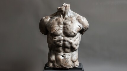 Obraz premium A detailed sculpture of a muscular male torso displayed on a pedestal against a neutral background
