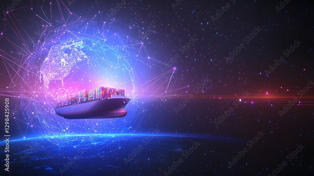 Poster futuristic global trade network visualization featuring a holographic cargo ship hovering over a glo