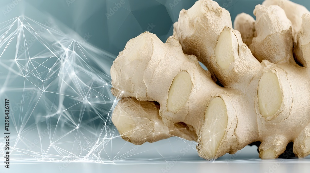 Poster Mystical Ginger Root Emerging from the World s Core Glowing with Intense Golden Hues and Radiating Radiant Energy Streams into the Universe an Ethereal Blend of Nature and Cosmic Force